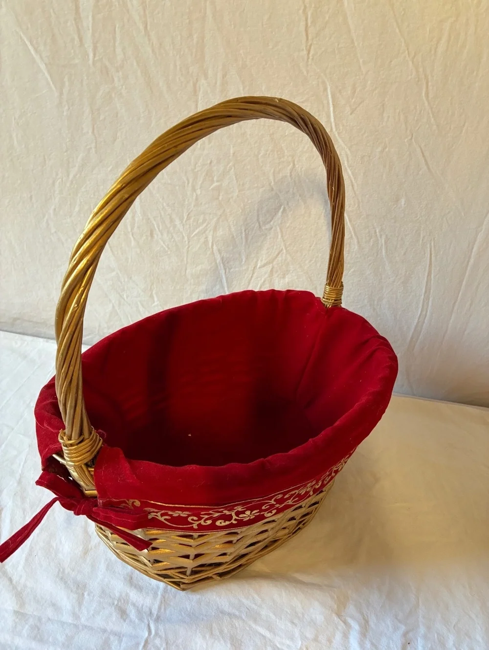 Wicker Basket with Red Velvet Lining and Embroidered Gold Design